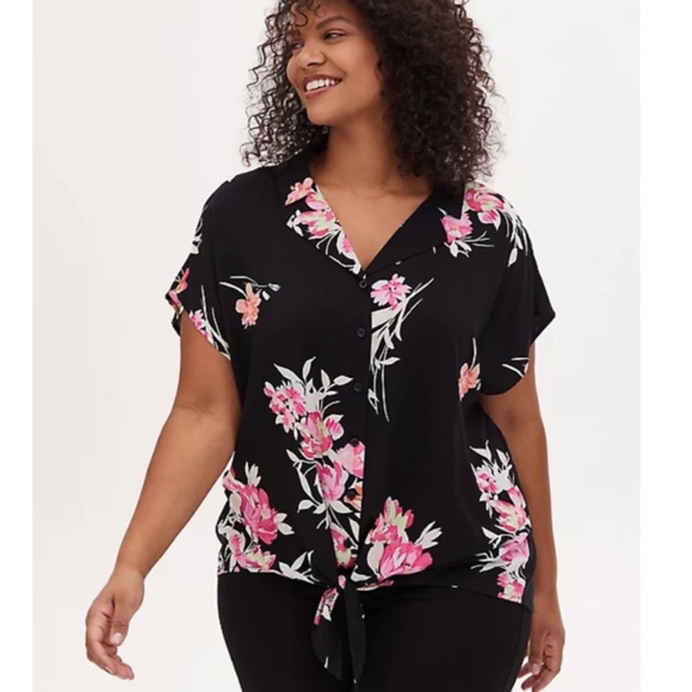 Torrid Black Floral Challis Tie Front Midi Dolman Blouse